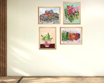 Set of 4 Fruit Market Prints - Colorful Kitchen and Pantry Gallery Wall Art