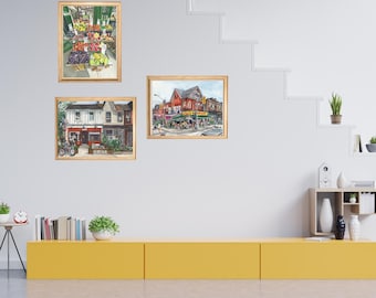 Set of 3 Toronto Market Prints - Cafe and Fruit Market Kitchen Gallery Wall Art