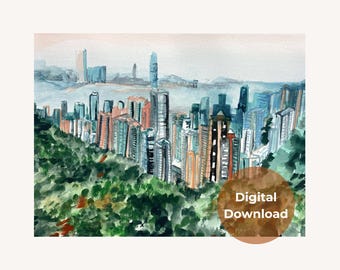 DIGITAL DOWNLOAD - Hong Kong Sky Line  Wall Art, Hong Kong  City Poster, Asian Travel Print