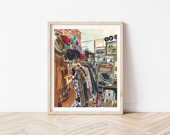 Vintage Shop Interior Art Print | European Boutique Illustration | Vintage Coats Wall Art | Antique Store Painting | Fashion Interior Art