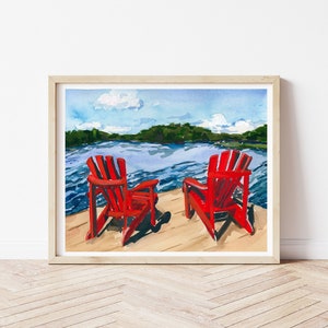 Muskoka Chair Wall Art, Adirondack chairs, Cottage Scene Illustration, Nature Watercolour Art, Canadiana Poster, Cottage Country Home Decor image 1