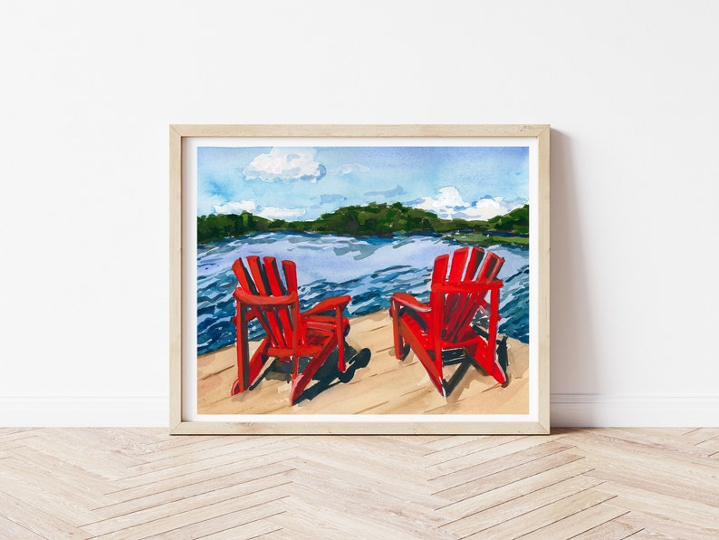 Muskoka Chair Wall Art, Adirondack chairs, Cottage Scene Illustration, Nature Watercolour Art, Canadiana Poster, Cottage Country Home Decor image 1