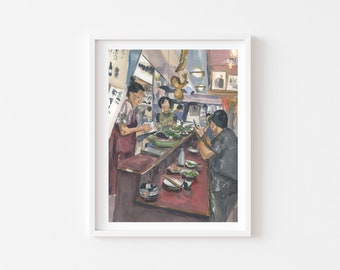 Korean Restaurant Scene Watercolor Print | Seoul Food Kitchen Wall Art