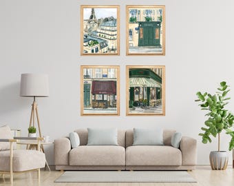 Set of 4 Paris Cafe Prints - French Bistro and Eiffel Tower Gallery Wall Art