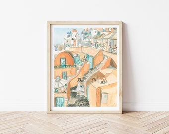 May include: Watercolor painting of a colorful cityscape with buildings, stairs, and a person walking up the stairs. The buildings are painted in shades of orange, yellow, and white. The stairs are painted in shades of brown and gray. The person is painted in shades of blue and white.