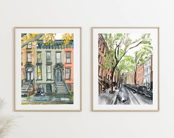 Set of 2 New York Brownstone Prints, Brooklyn Building, Williamsburg Landmarks Illustration, NYC Cityscape Wall Set, Gift Set