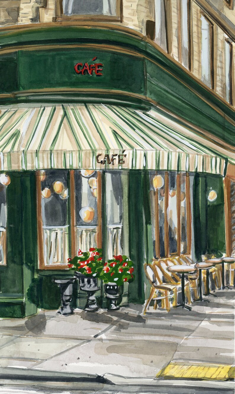 Paris Cafe Wall Art, Paris Cafe Poster, Parisian Street Scene Illustration, Cafe Watercolor, French Cityscape, Paris Home Decor image 3