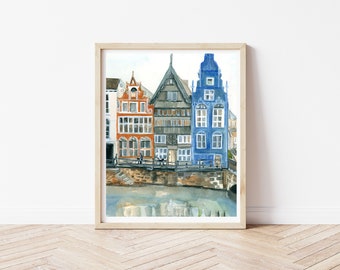 Amsterdam Art Print, Watercolor Painting, Netherlands Illustration, Travel Prints, Amsterdam Skyline, Netherlands Wall Art, Travel Gift