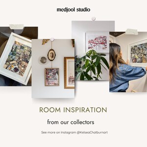 May include: A collage of framed art prints displayed in various interior settings, featuring paintings of dining scenes and coastal landscapes. The text reads medjool studio, ROOM INSPIRATION from our collectors, and See more on Instagram @KelseaChatburnart.