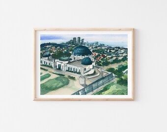 Griffith Observatory Watercolor Print | Los Angeles California Wall Art Decor