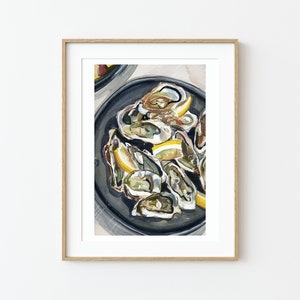 Oyster Watercolor Art Print Oyster Shell Wall Art, Oyster Watercolor, Coastal Art, Kitchen Wall Art, Food Poster image 1