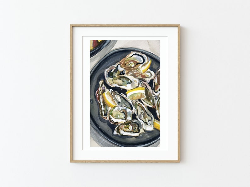 Oyster Watercolor Art Print Oyster Shell Wall Art, Oyster Watercolor, Coastal Art, Kitchen Wall Art, Food Poster image 1