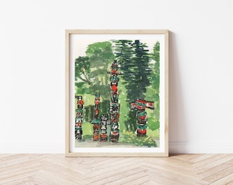 Stanley Park Totem Poles Art Print, Vancouver Travel Wall Decor
