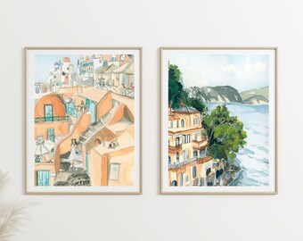 Set of 2 Santorini and Amalfi Coast Prints, Greek Building, Discounted European Print Bundle Illustration in Watercolor, Gift Set