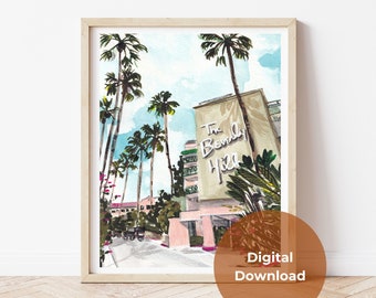 DIGITAL DOWNLOAD - Beverly Hills Hotel Poster - Los Angeles Wall Art, California Art Print, Palm Trees Print, Pink Building, Home Decor