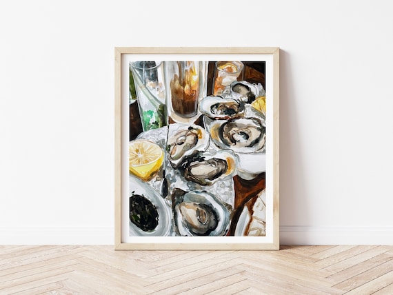 牡蠣の絵の水彩画プリント｜グルメなキッチンの壁飾り、海岸風アート