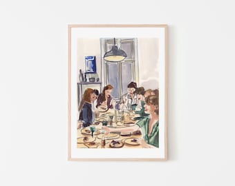 Sunday Night Supper | Figurative Watercolor Dinner Scene