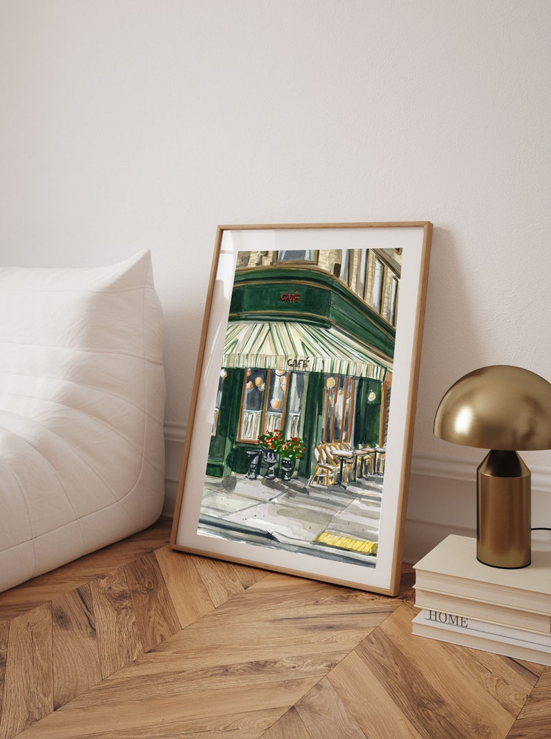 Paris Cafe Wall Art, Paris Cafe Poster, Parisian Street Scene Illustration, Cafe Watercolor, French Cityscape, Paris Home Decor image 4