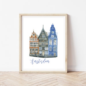 Arte murale di Amsterdam, Paesaggio urbano di Amsterdam, Stampe di case olandesi, Poster di viaggio vintage di Amsterdam, Poster dei Paesi Bassi, Arte olandese