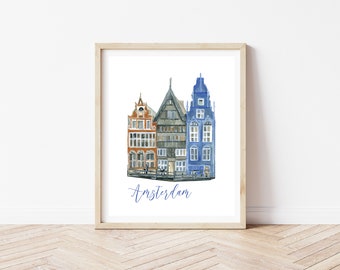 Amsterdam Art Print | Amsterdam Vintage Travel Poster, Amsterdam Streetscape, Dutch Houses Print