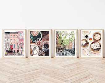 Set of 4 New York City Vacation Print Sets, Travel Watercolour Sets, New York Food Gallery Wall Art Prints