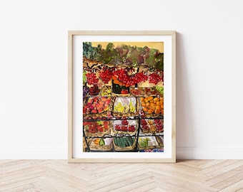 Fruit Market Art Print, Italian Market Wall Art,  Kitchen Prints, Kitchen Decor, Fruits and Vegetables, Food Art, Kitchen Painting
