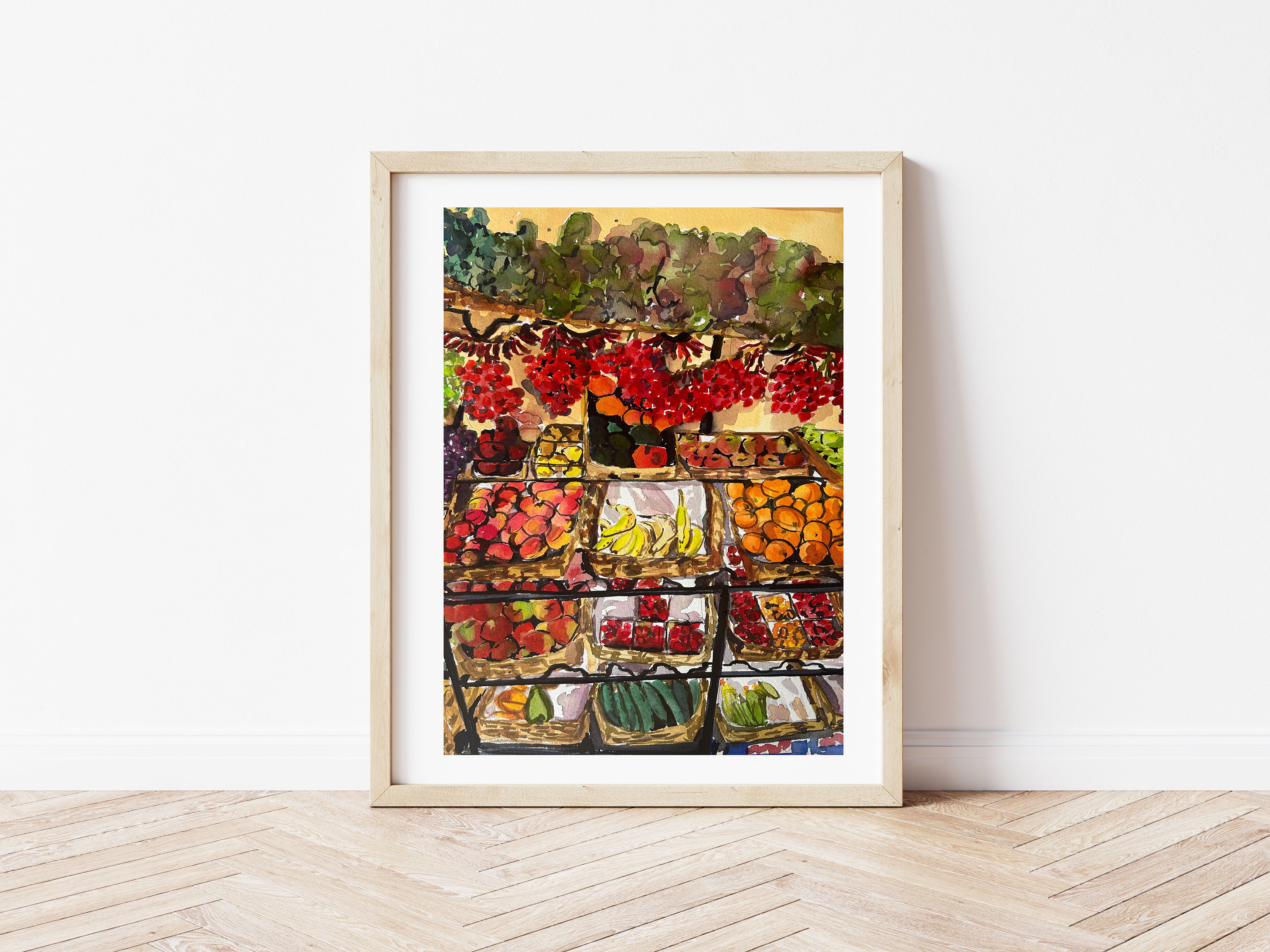 Fruit Market Art Print, Italian Market Wall Art,  Kitchen Prints, Kitchen Decor, Fruits and Vegetables, Food Art, Kitchen Painting