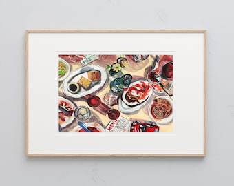 Italian Table Watercolor Print | Pasta Wine Still Life Art | Kitchen Wall Art | Food Illustration Print | Gift for Foodie