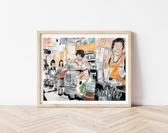Korean Street Food Scene Print | Watercolor Market Art