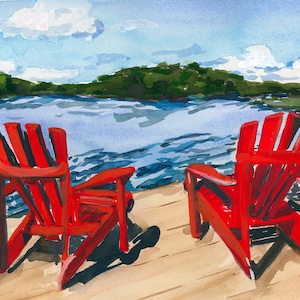 Muskoka Chair Wall Art, Adirondack chairs, Cottage Scene Illustration, Nature Watercolour Art, Canadiana Poster, Cottage Country Home Decor image 4
