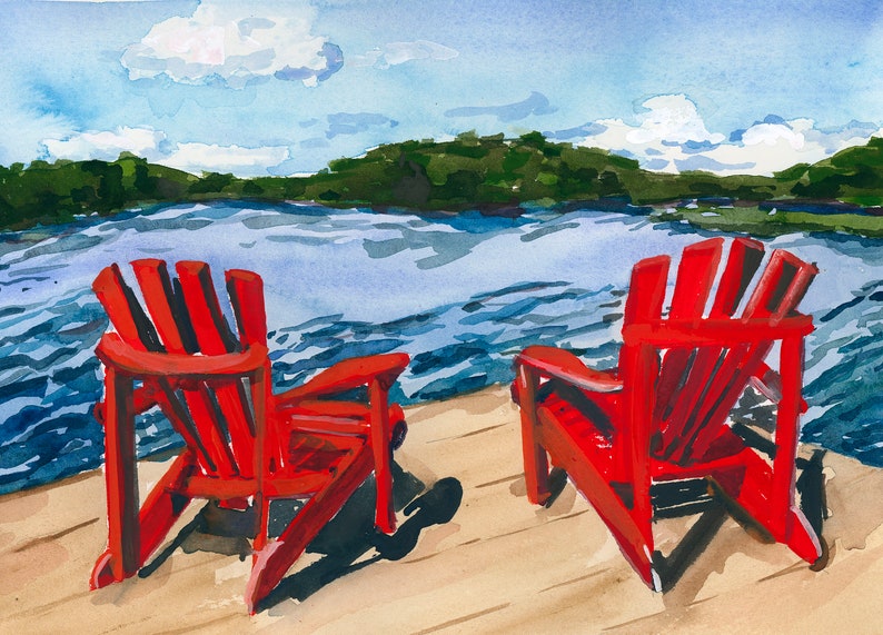 Muskoka Chair Wall Art, Adirondack chairs, Cottage Scene Illustration, Nature Watercolour Art, Canadiana Poster, Cottage Country Home Decor image 4