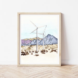 May include: A watercolor painting of a desert landscape with wind turbines in the foreground and purple and blue mountains in the background.