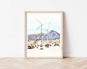 Palm Springs Windmill Watercolor Print, Coachella Valley Wall Art