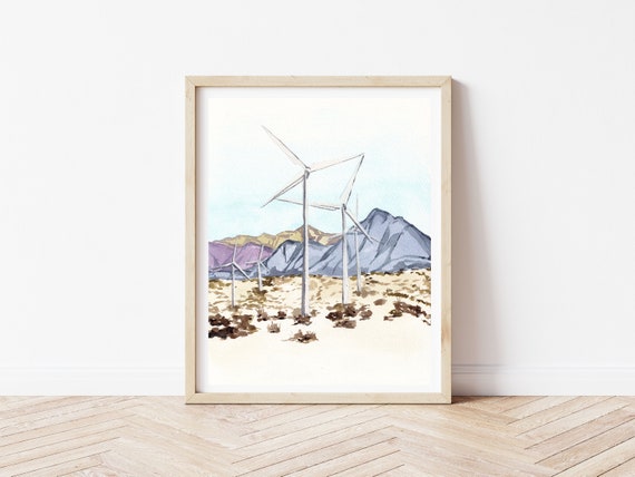 Coachella Valley Watercolor Art Print | Southwestern Wall Decor, Palm Springs Windmills in Watercolor, California Art