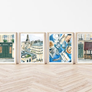 Conjunto de 4 impresiones de viajes a París, póster de París, Francia, con ilustración de acuarela, set de pared de galería parisina, regalo