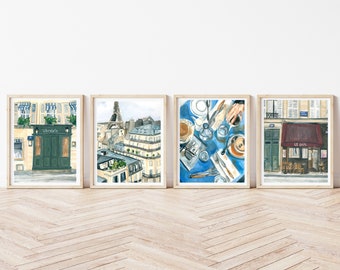 Set of 4 Paris Travel Prints | Parisian Gallery Wall Set, France Poster Bundle in Watercolor Illustration