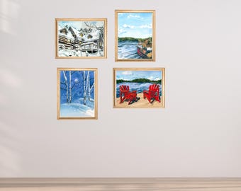 Set of 4 Cabin and Lakehouse Prints - Forest, Canoe and Cottage Wall Art