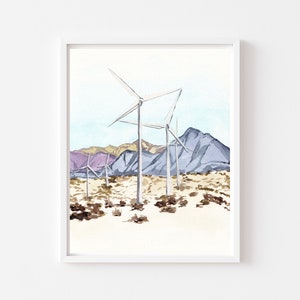 May include: Watercolor painting of wind turbines in a desert landscape with purple and brown mountains in the background.