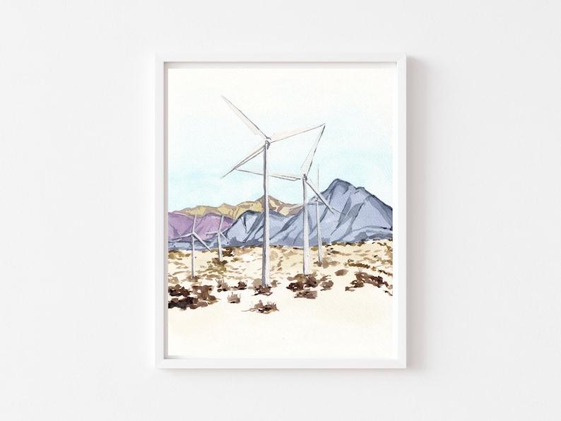 May include: Watercolor painting of wind turbines in a desert landscape with purple and brown mountains in the background.