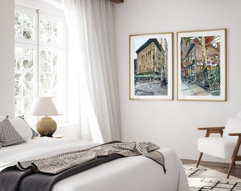 New York Brownstone Cafe Art Prints | Watercolor NYC Cityscape Wall Set