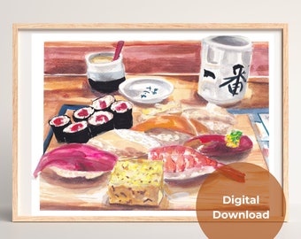 DIGITAL DOWNLOAD - Sushi Art Print - Japanese Food Print, Japanese Sushi Art, Watercolor Painting, Kitchen Wall Art