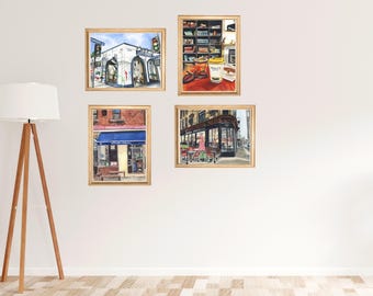 Set of 4 Toronto Cafe Watercolor Prints, Coffee Shop Gallery Wall Art