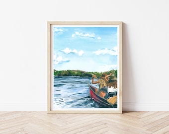 Arte mural "Excursión en canoa de verano" - Ilustración de una escena de una cabaña canadiense - Acuarela de una canoa roja - Póster canadiense - Decoración de casa rural