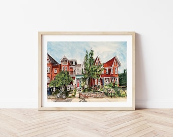 Toronto Brownstone Watercolor Print | Urban Streetscape Architecture Illustration