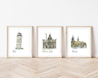 Set of 3  Prague, Vatican and Pisa  Travel Prints,Europe Poster Bundle in Watercolor Illustration, Gift Set