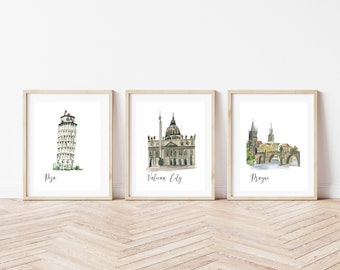 Conjunto de 3 láminas de viajes por Europa / Praga, Vaticano, Pisa (Acuarelas) para pared (Galería)