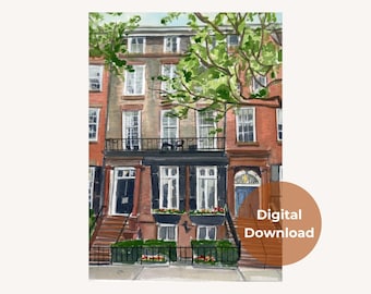 DIGITAL DOWNLOAD-NYC Brownstone Watercolor Print | New York Architecture Wall Art | Brownstone Art Print | Instant Download City Home Decor