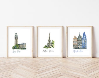 Juego de 3 láminas de viajes por Europa / París, Londres, Ámsterdam (Acuarelas)