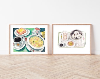 Set of 2 Hong Kong Dim Sum Prints - Noodles and Dumplings - Bundle Food Illustration in Watercolor - Asian Food Gallery Wall Set - Gift Set