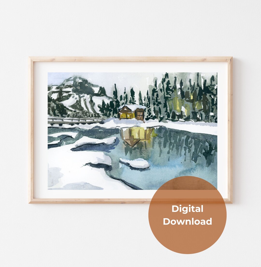 DIGITAL DOWNLOAD - Snowy Cabin on a Lake Poster - Winter Forest Wall ...